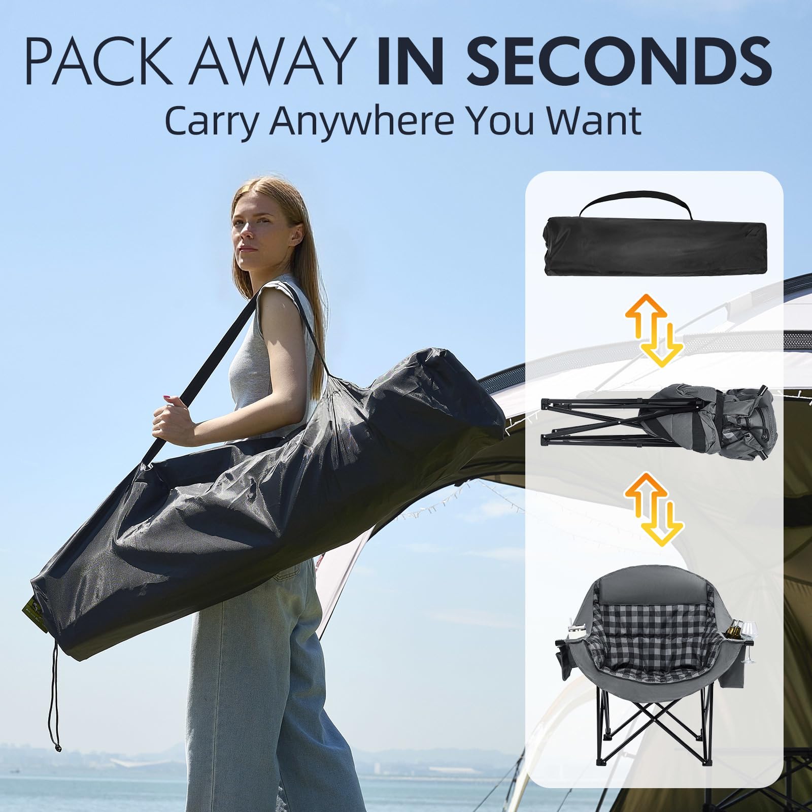 PUVASIA portable folding chair folds flat to 9.4 inches enabling quick setup.