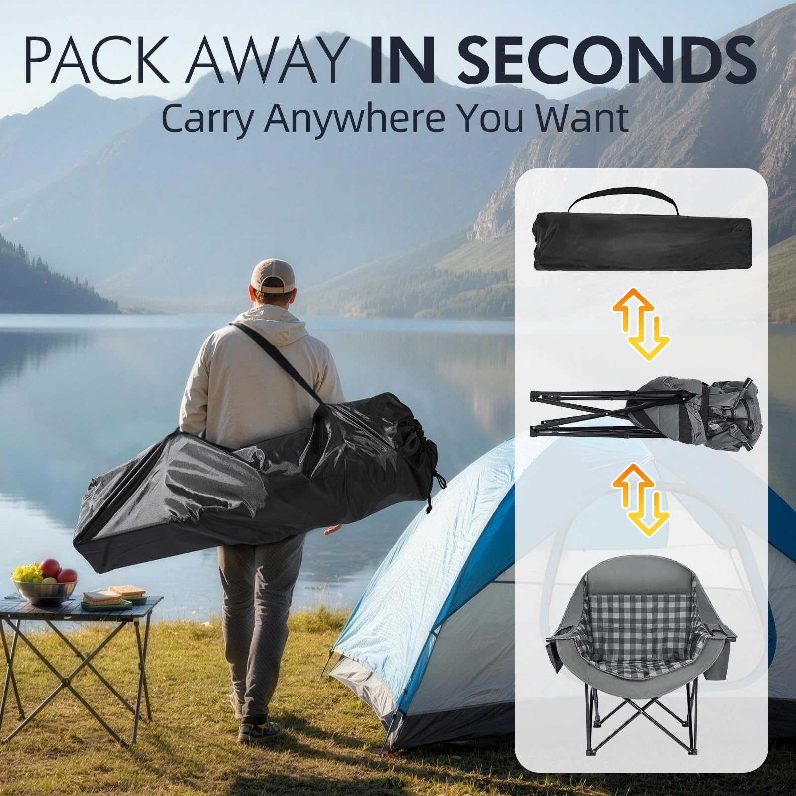 PUVASIA portable folding chair folds flat to 9.4 inches enabling quick setup.