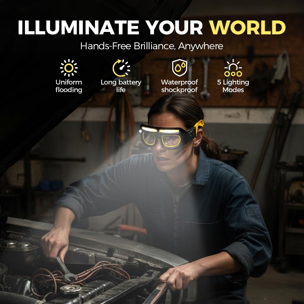 Pxcxu LED glasses brightness modes suitable for running or camping.