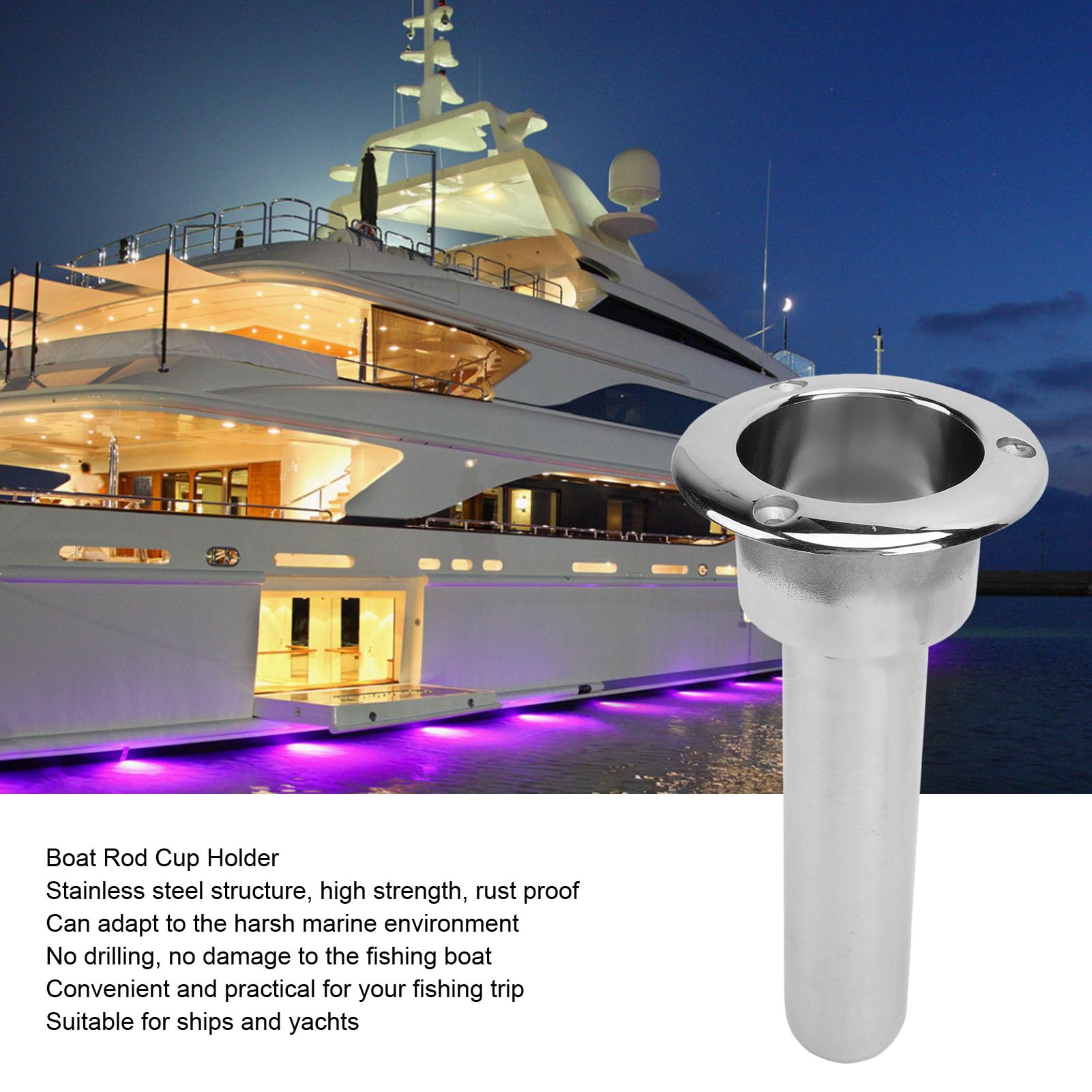Pyhodi stainless steel rod cup holder round top adjusted to 15 degrees for angled rod positioning.