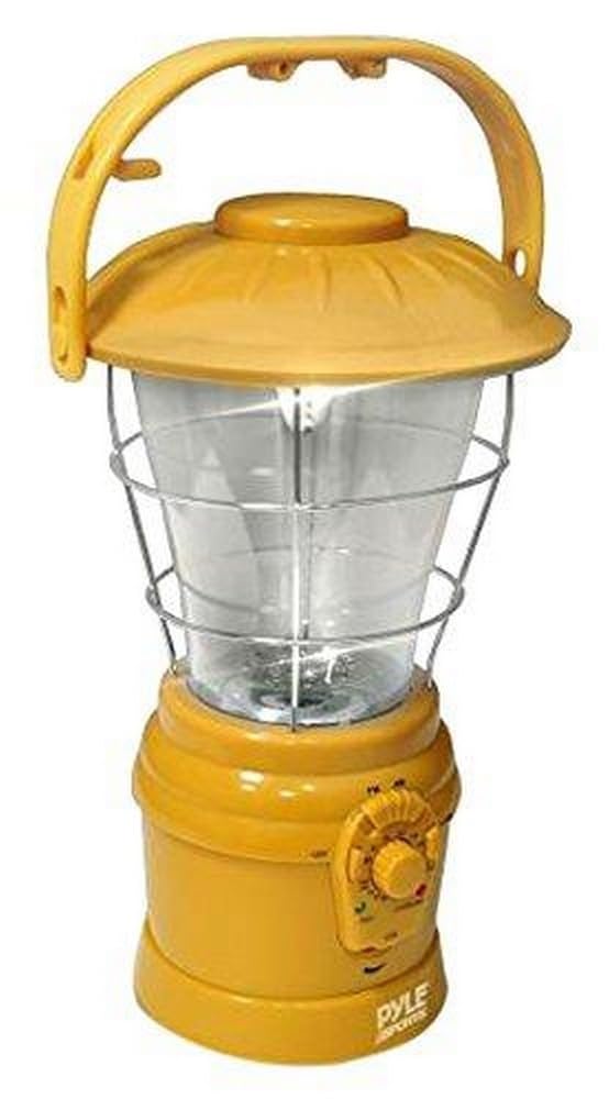 Pyle PSDNL22YL hand crank lantern front view with LED light and AM/FM radio for outdoor lighting