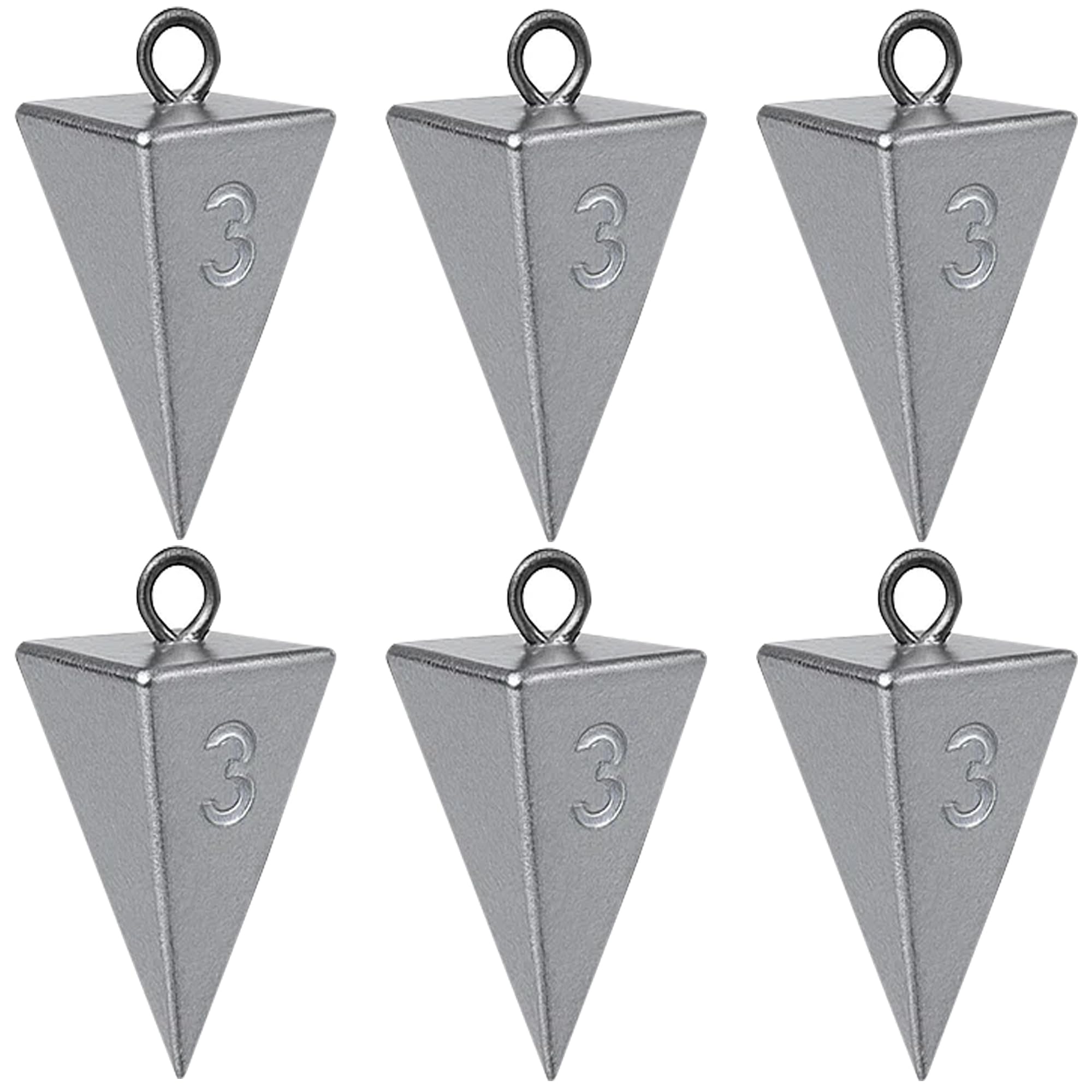 Six-pack of 3 oz pyramid sinkers for surf fishing and catfishing.