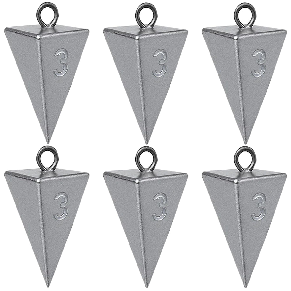 Six-pack of 3 oz pyramid sinkers for surf fishing and catfishing.