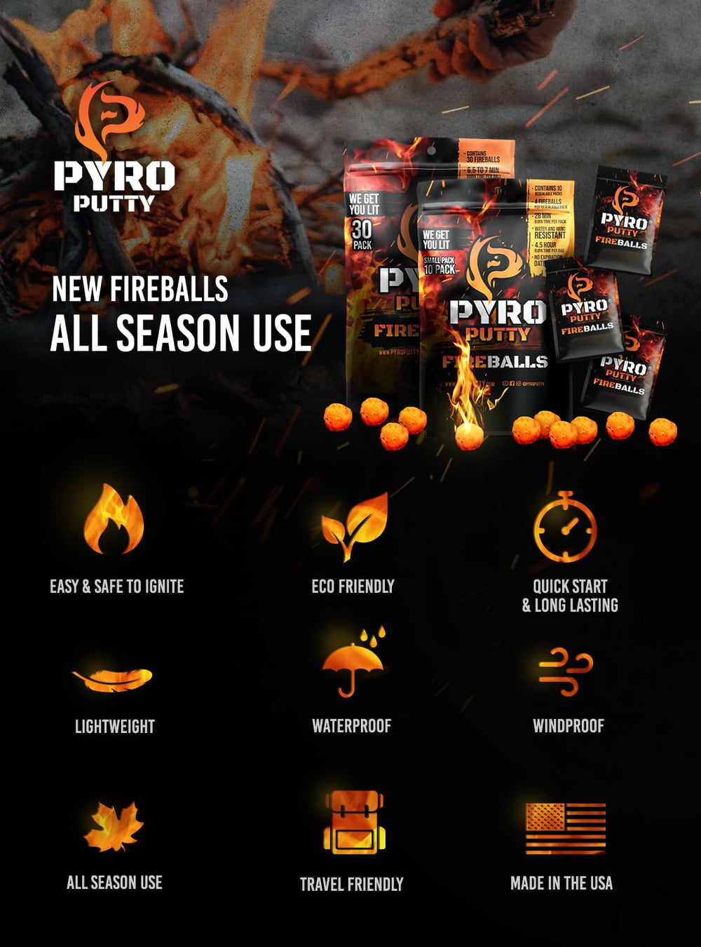 Pyro Putty Fire Balls all-weather performance covers -30°F to 130°F environments