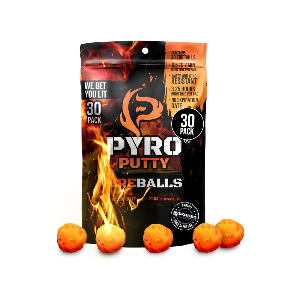 Pyro Putty Fire Balls burn time visual shows seven-minute burn for reliable campfire lighting