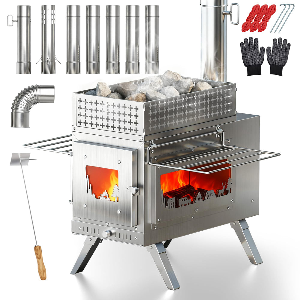 PYY sauna wood stove with side window showing warm glow for outdoor relaxation