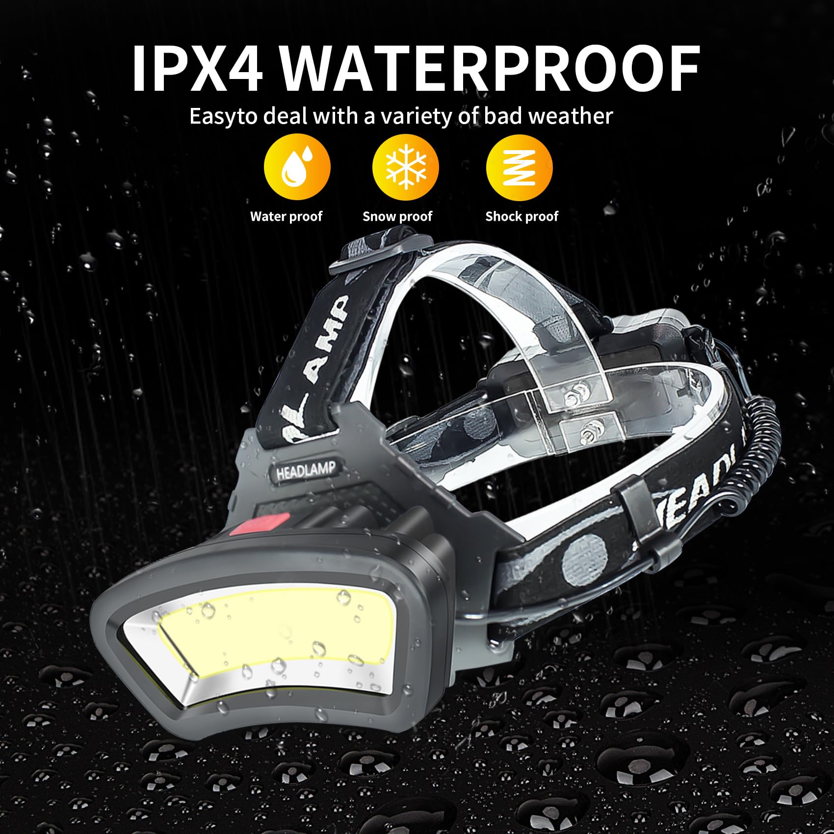 PZZOE headlamp IPX4 waterproof shell handles rain and snow.