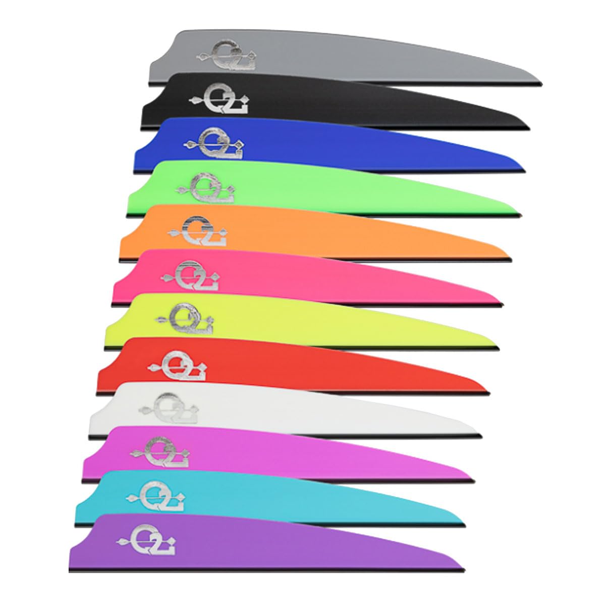 Q2i Fusion X-II vanes pack shot highlights violet color and durable tri-fusion performance for archers.