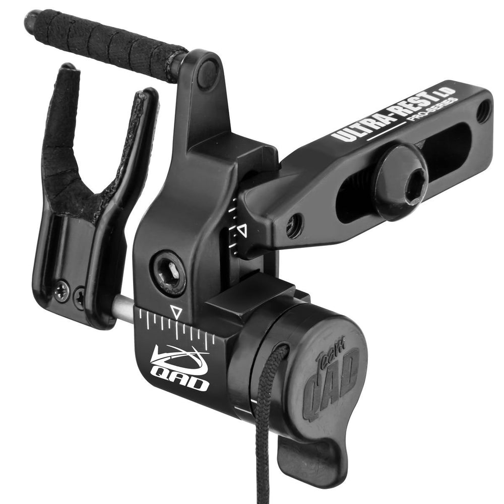 QAD UltraRest LD Black LH arrow rest with launcher arm demonstrates noise-damping and total arrow containment.