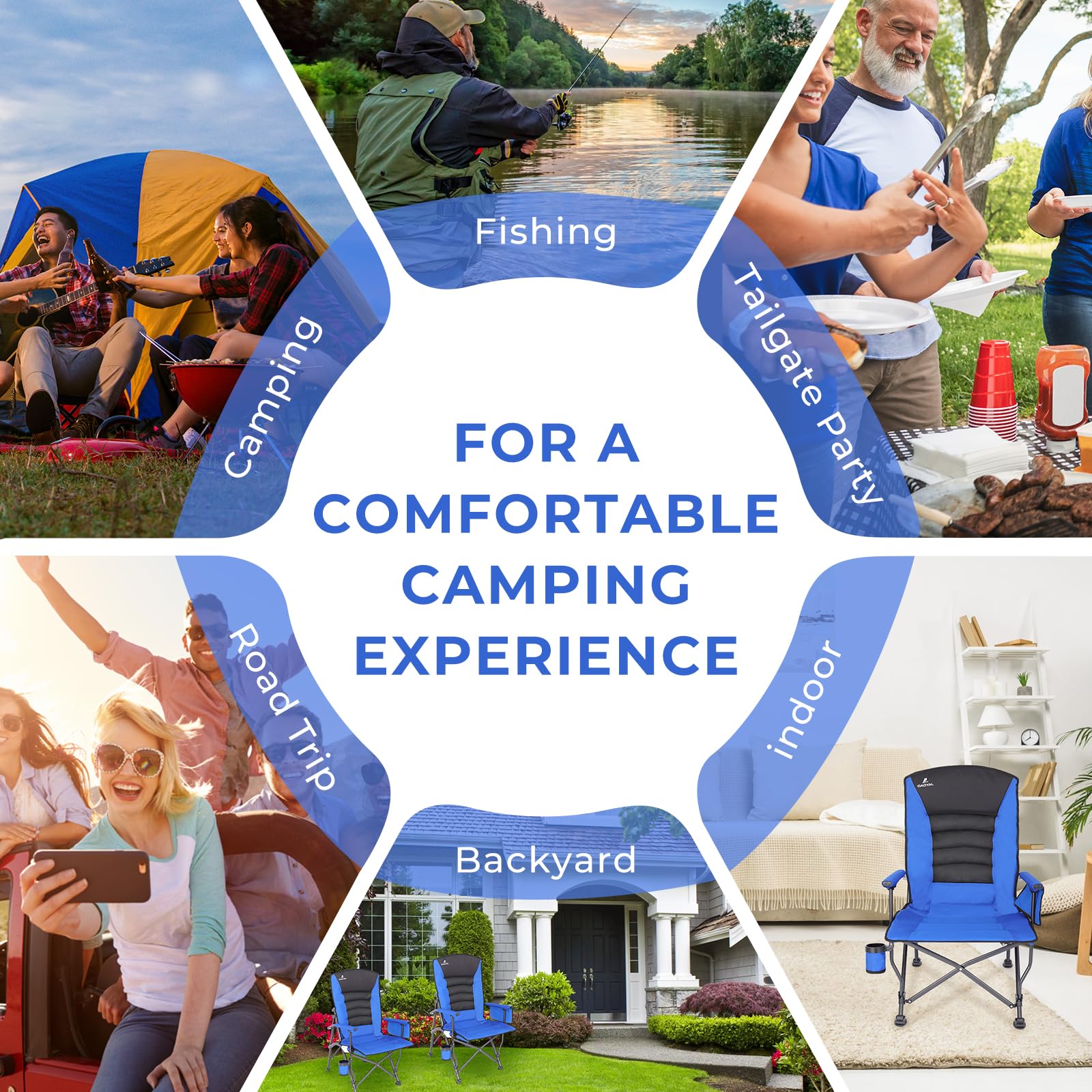 QAOYAL blue outdoor chair ideal for camping, fishing, or patio relaxation.