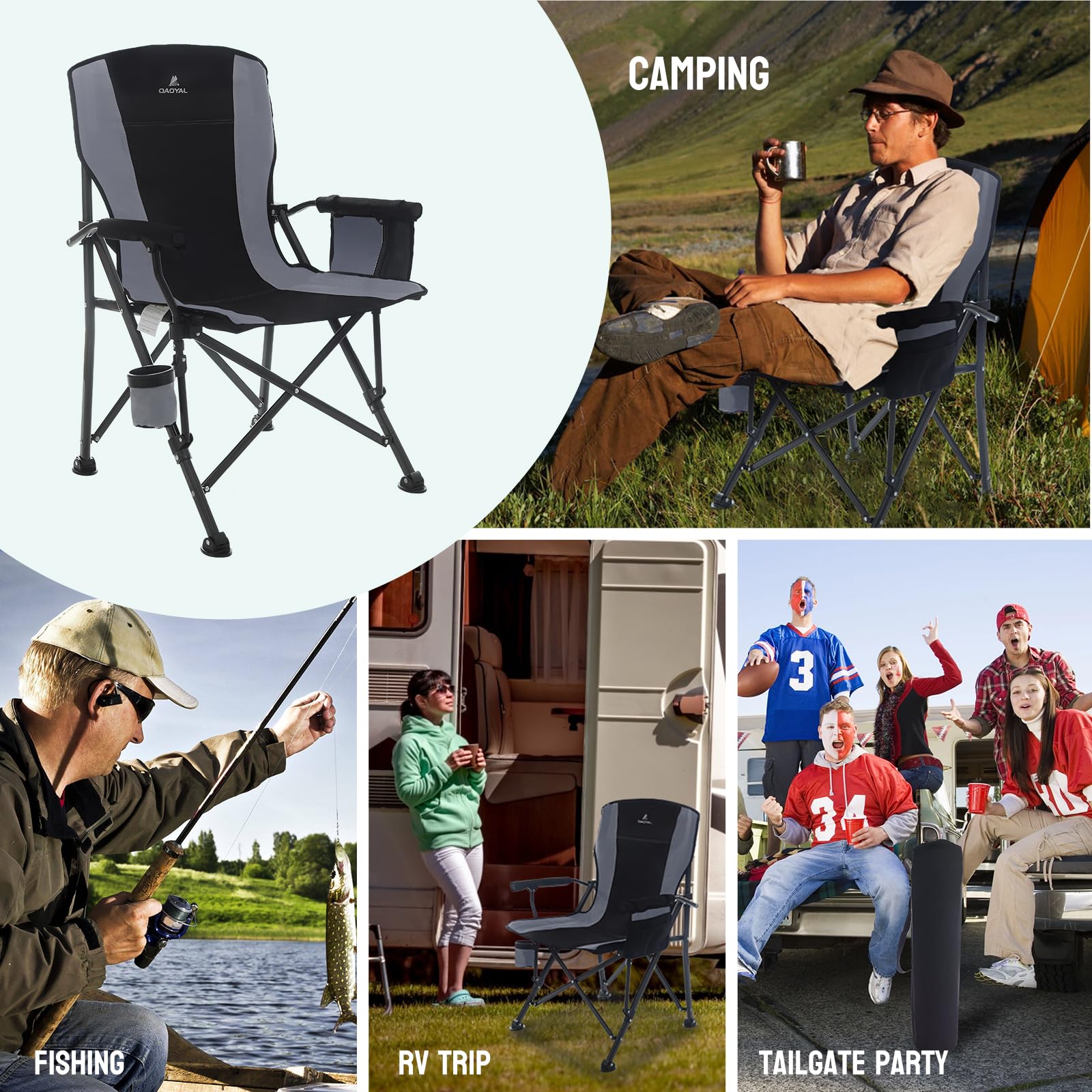QAOYAL camping chair in use at camping, fishing, or sports events for comfortable seating.
