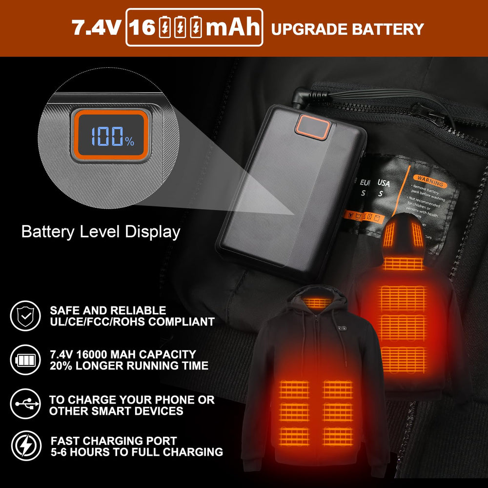Qdreclod heated hoodie battery pack close-up emphasizes high-capacity power.