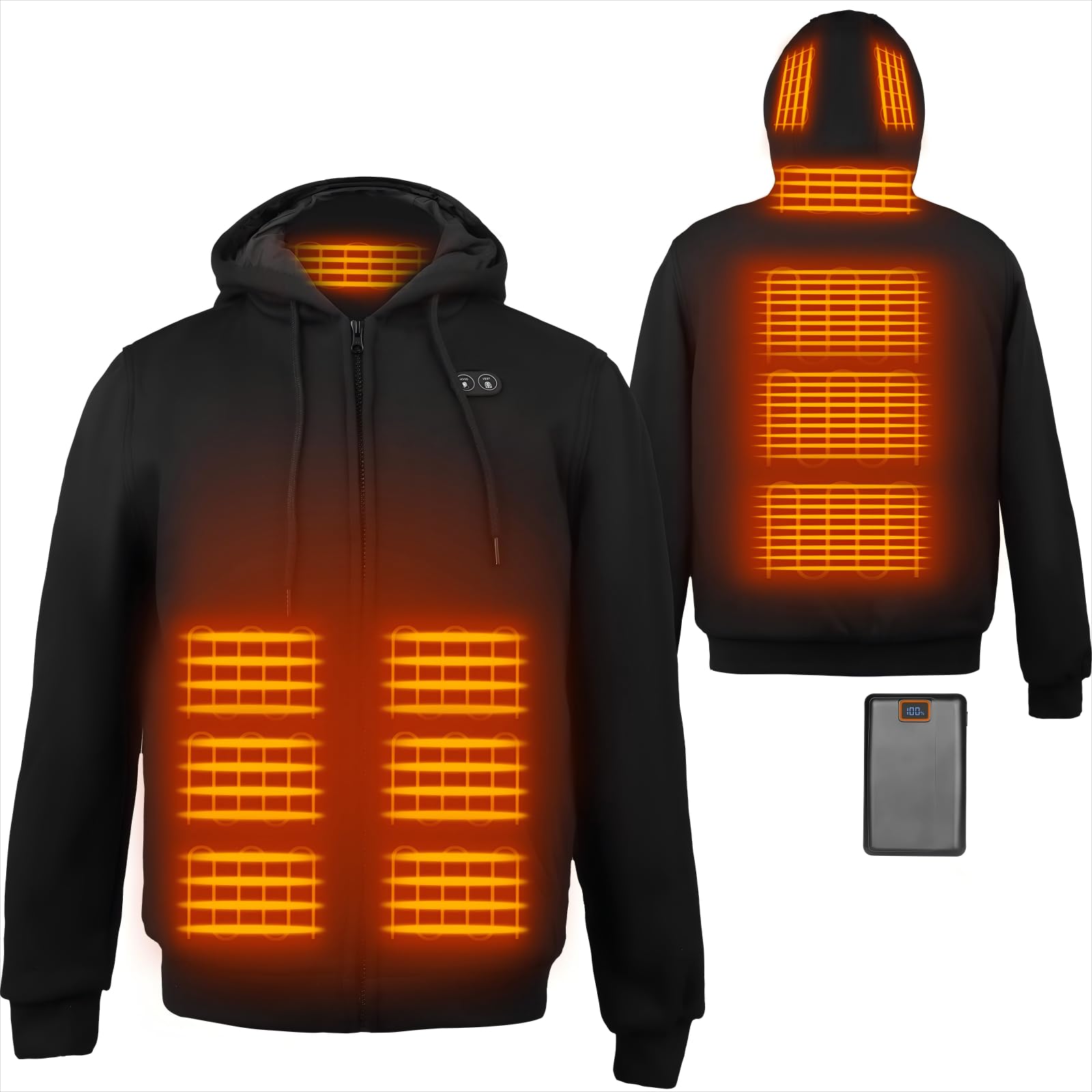 Qdreclod heated hoodie front view with battery pack for all-day warmth.