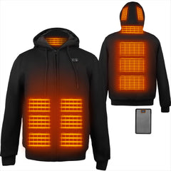 Qdreclod heated hoodie front view with battery pack for all-day warmth.