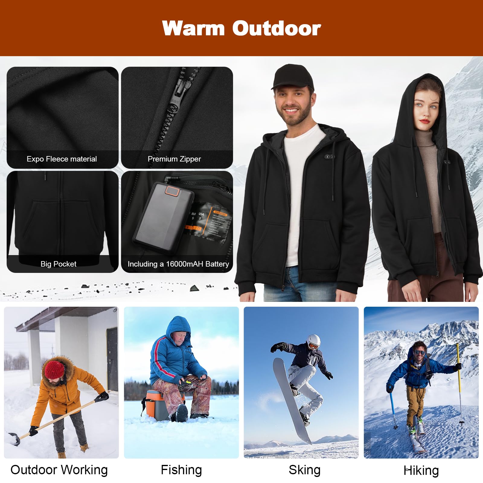 Qdreclod heated hoodie hood detail demonstrates weather-ready design.
