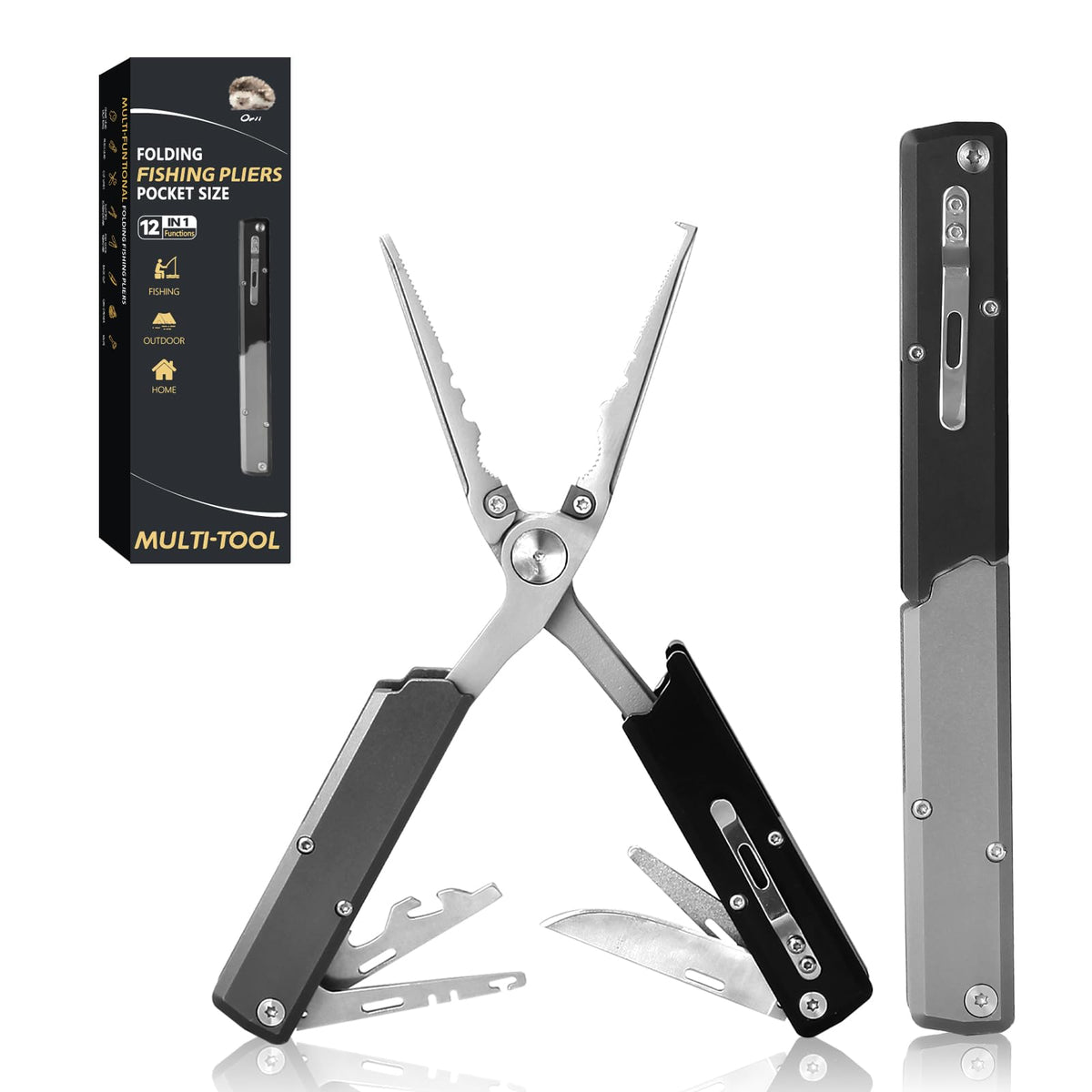 QDX 12-in-1 multitool fishing pliers folded for compact portability