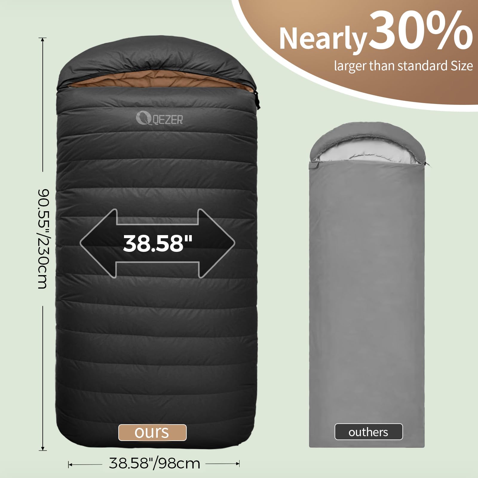 QEZER XL sleeping bag filled with 800g of 600FP down for warmth.