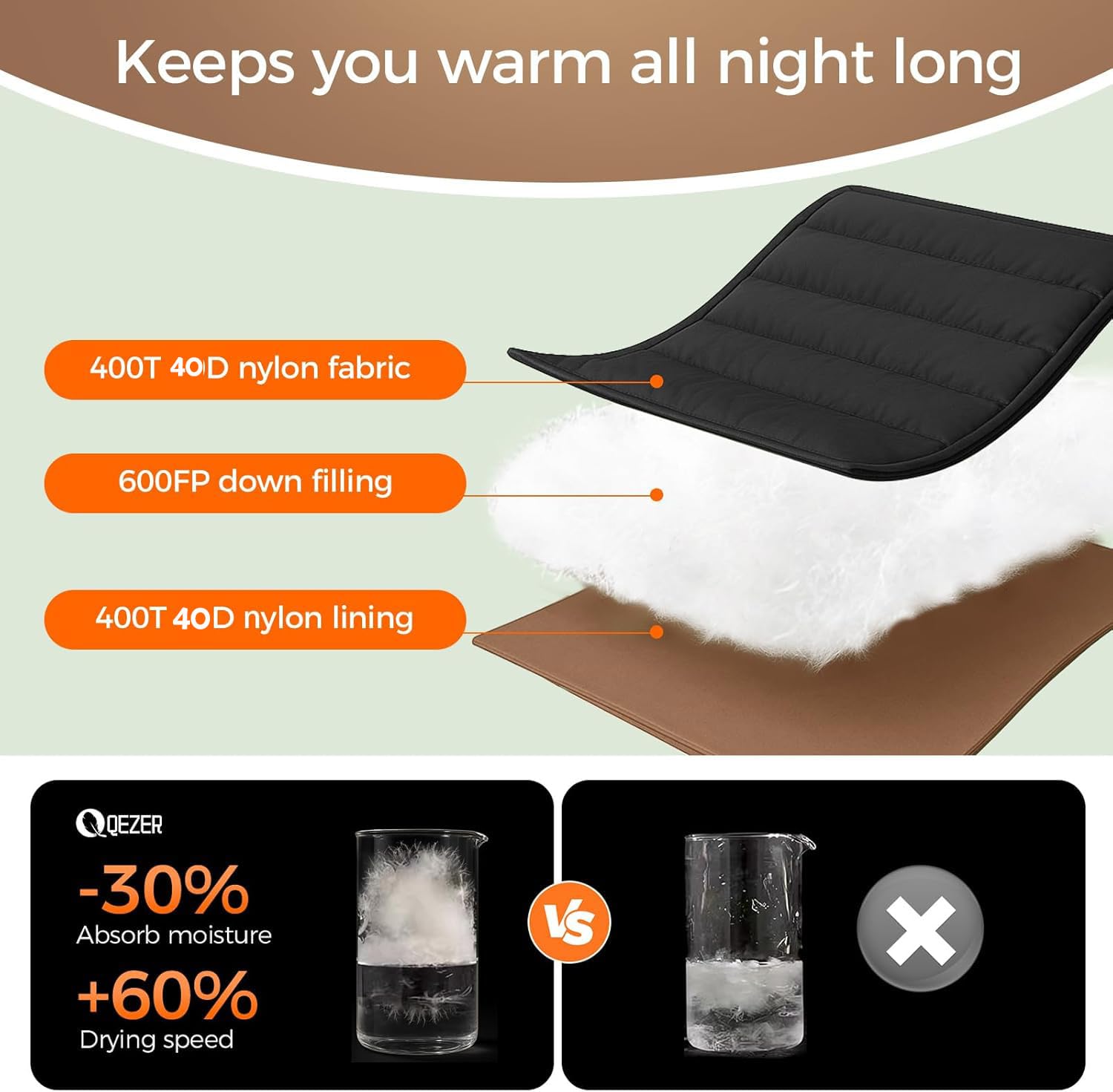 QEZER XL sleeping bag with durable nylon shell resisting wear and moisture.
