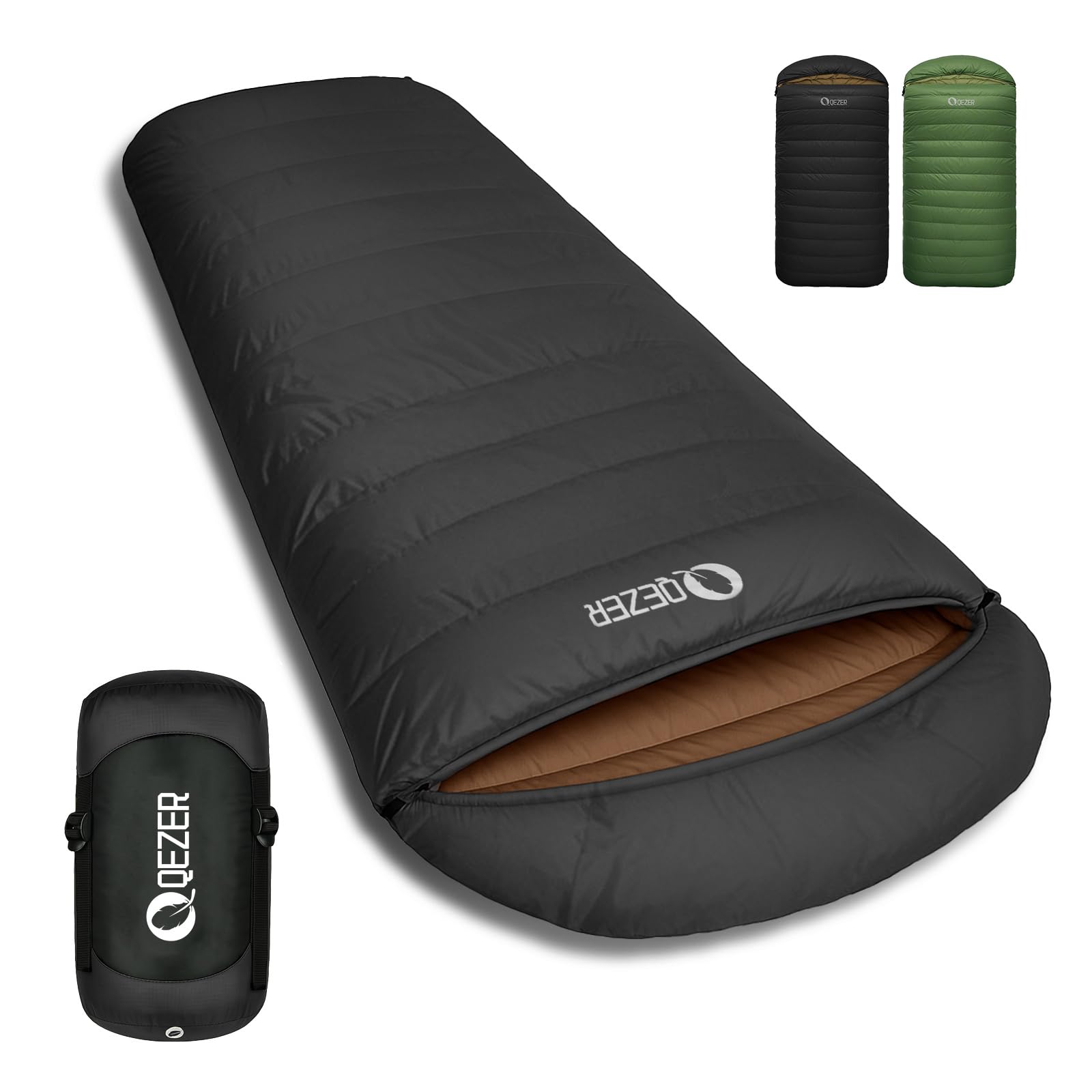 QEZER XL sleeping bag front view showing roomy adult fit and space for mobility.