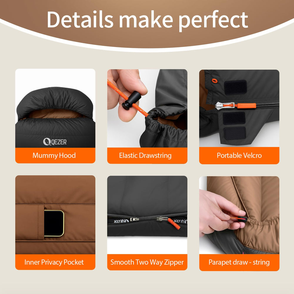 QEZER XL sleeping bag with a two-way zipper for easy entry and ventilation.