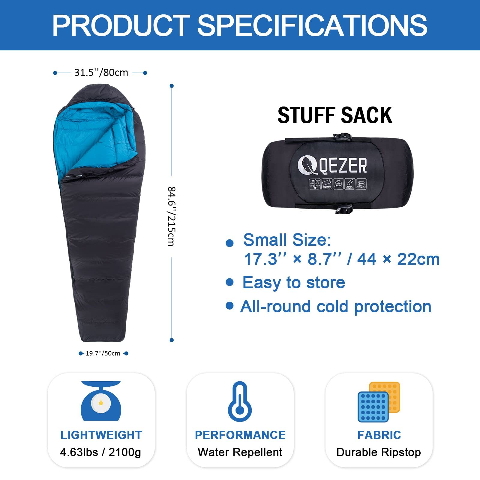 QEZER 0 degree sleeping bag in compression bag shows compact packing for backpacking