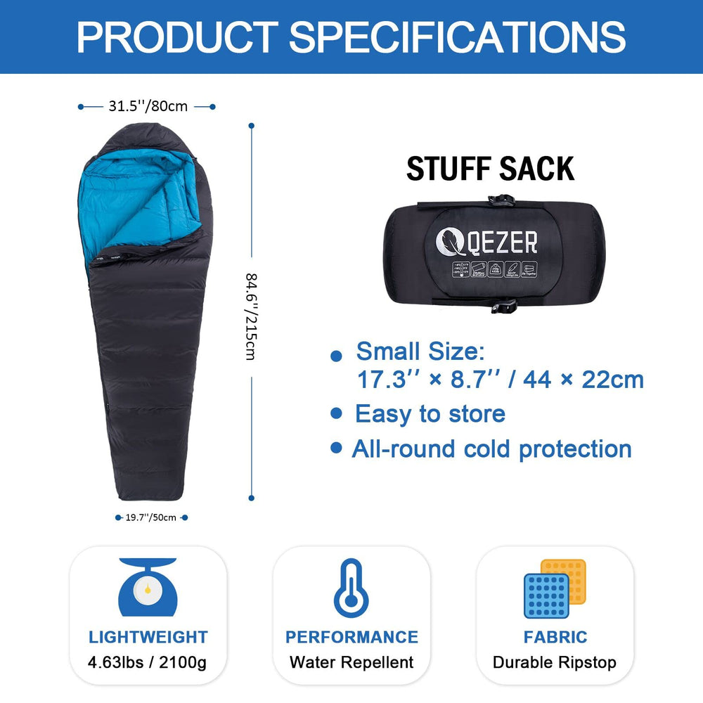 QEZER 0 degree sleeping bag in compression bag shows compact packing for backpacking