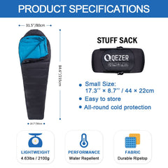 QEZER 0 degree sleeping bag in compression bag shows compact packing for backpacking