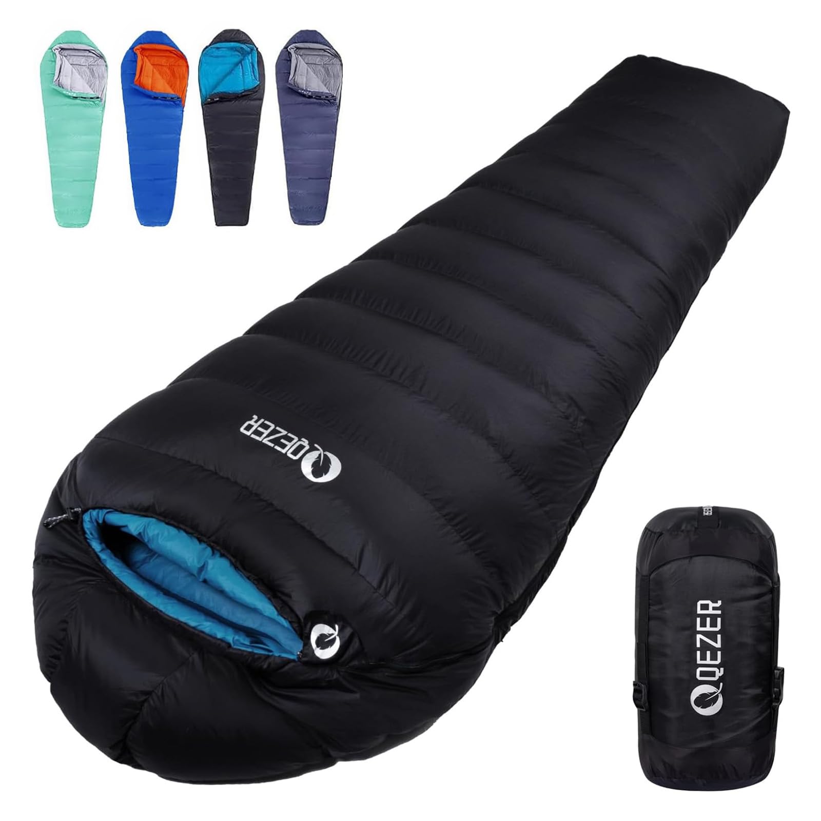 QEZER 0 degree sleeping bag fully zipped for secure warmth on winter trips