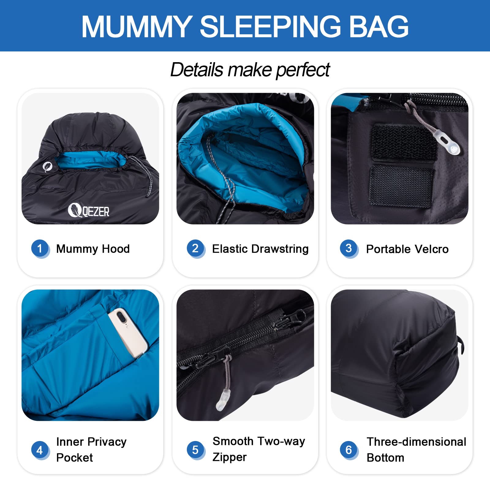 QEZER 0 degree mummy cut sleeping bag offers snug fit with extra space at bottom