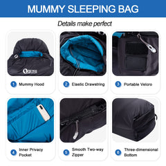 QEZER 0 degree mummy cut sleeping bag offers snug fit with extra space at bottom