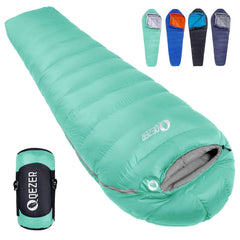 QEZER down sleeping bag in light green outer for portable warmth