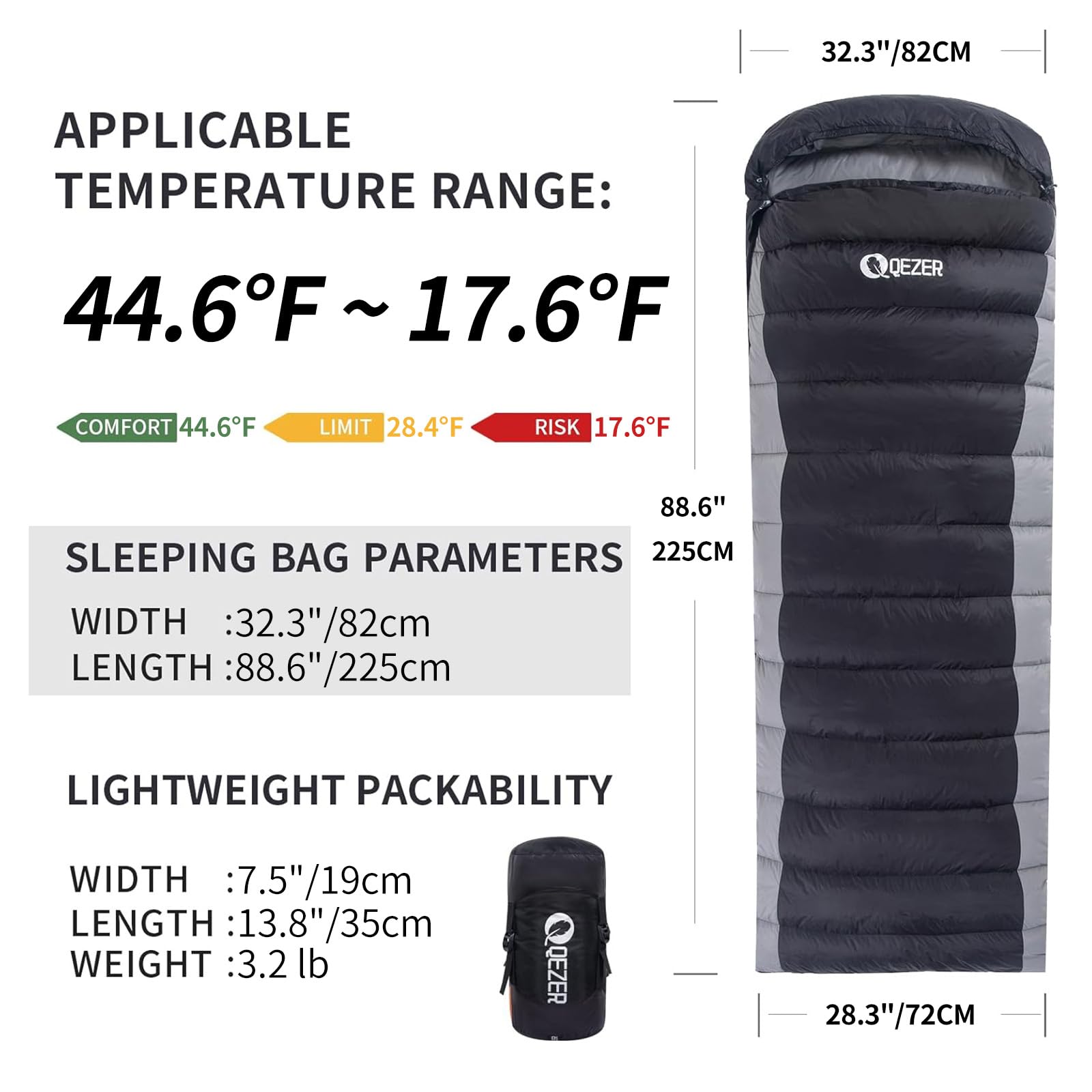 QEZER down sleeping bag close-up shows 600 fill duck down for warmth.