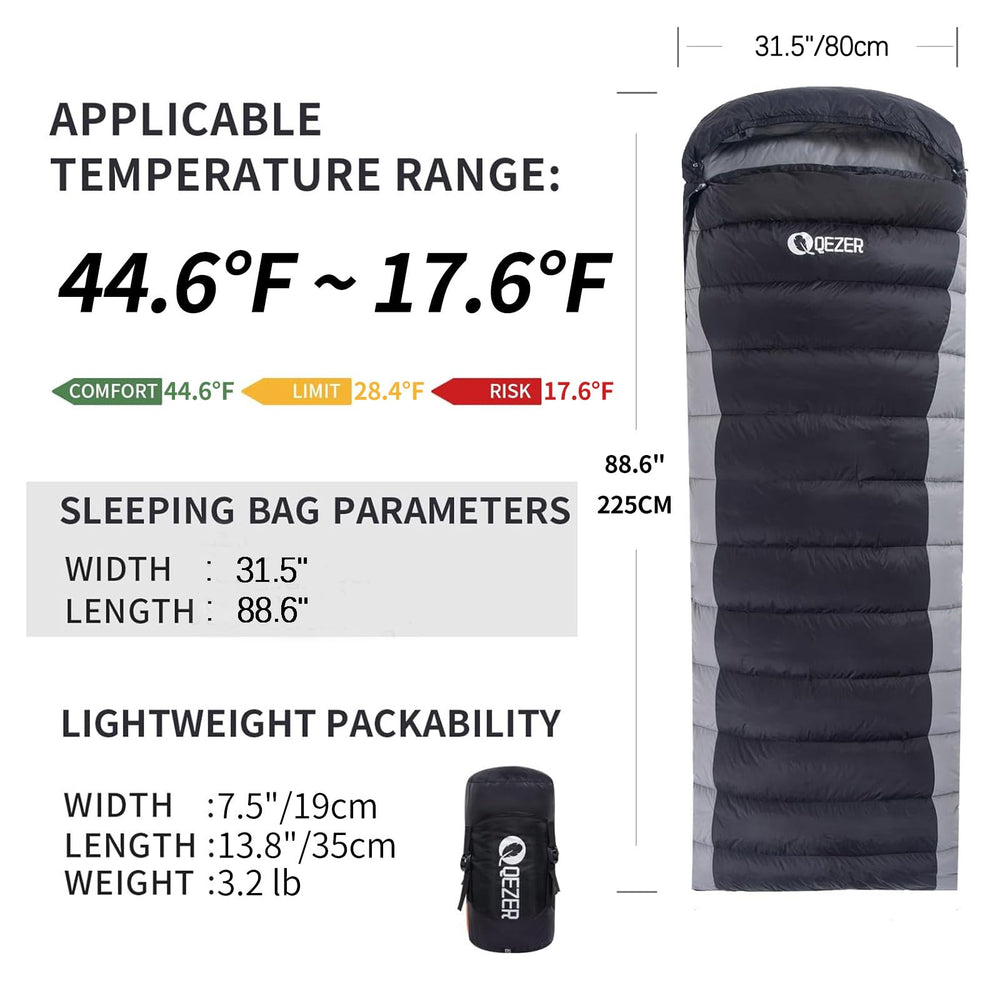 QEZER down sleeping bag close-up shows 600 fill duck down for warmth.