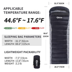 QEZER down sleeping bag close-up shows 600 fill duck down for warmth.