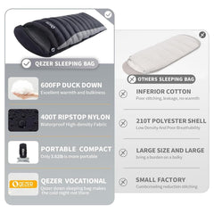 QEZER down sleeping bag 600-fill duck down offers warm coverage in cold nights