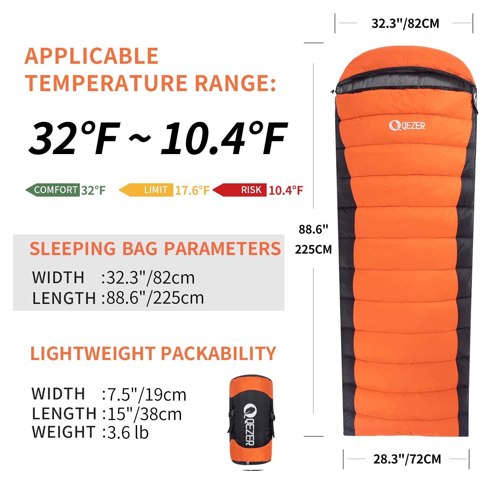 QEZER down sleeping bag comfort-range shows usable warmth in cool nights.