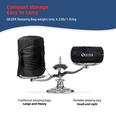 QEZER Down Sleeping Bag compressed pack demonstrates portability for backpacking.