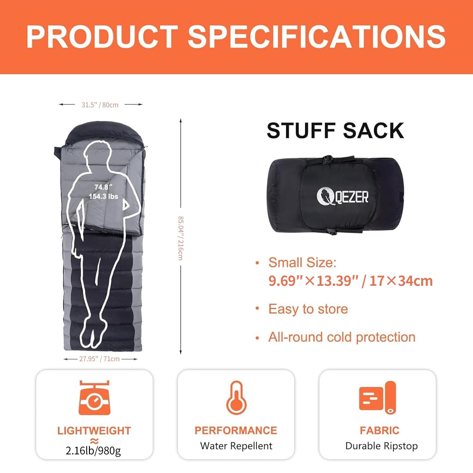 QEZER Down Sleeping Bag compression-sack demonstrates easy packing for camping trips