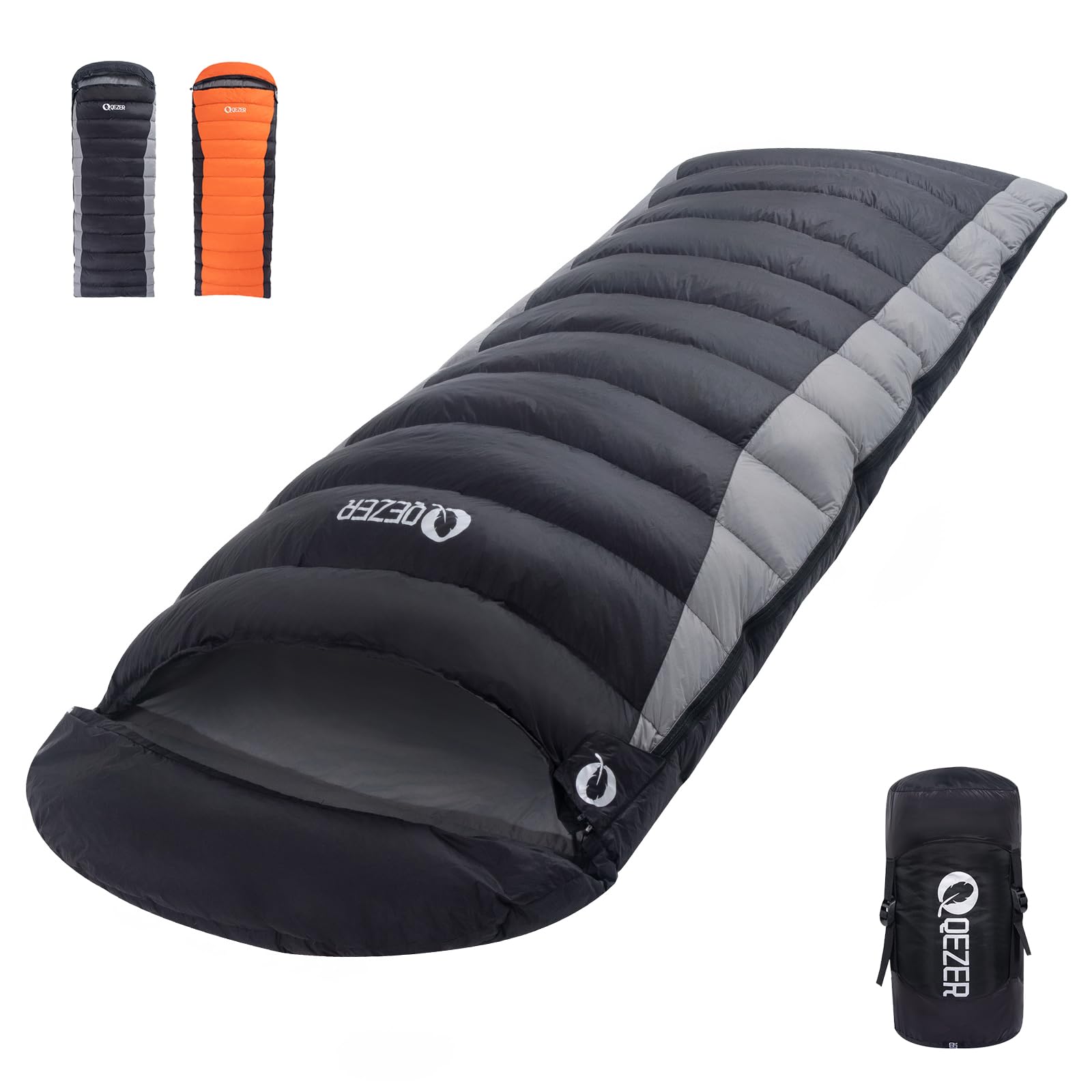 QEZER down sleeping bag packed in compression sack for ultralight packing.