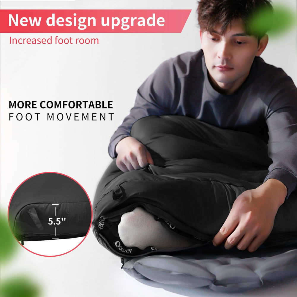 QEZER Down Sleeping Bag Durable Nylon 400T-20D resists outdoor tears.