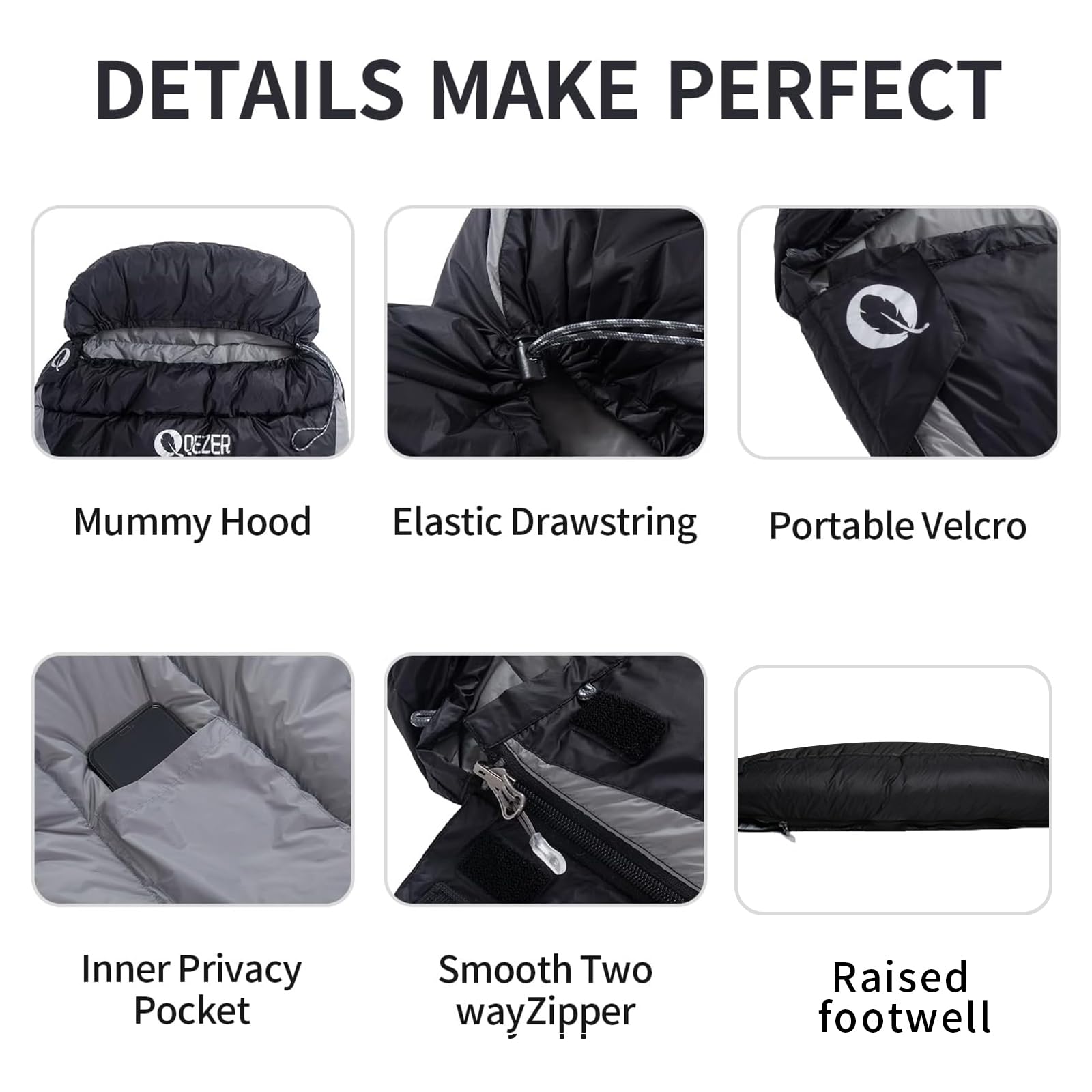 QEZER down sleeping bag durable nylon shell withstands rugged outdoor use.