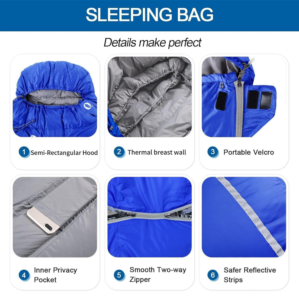 QEZER sleeping bag with foot zipper allows ventilated temperature control.