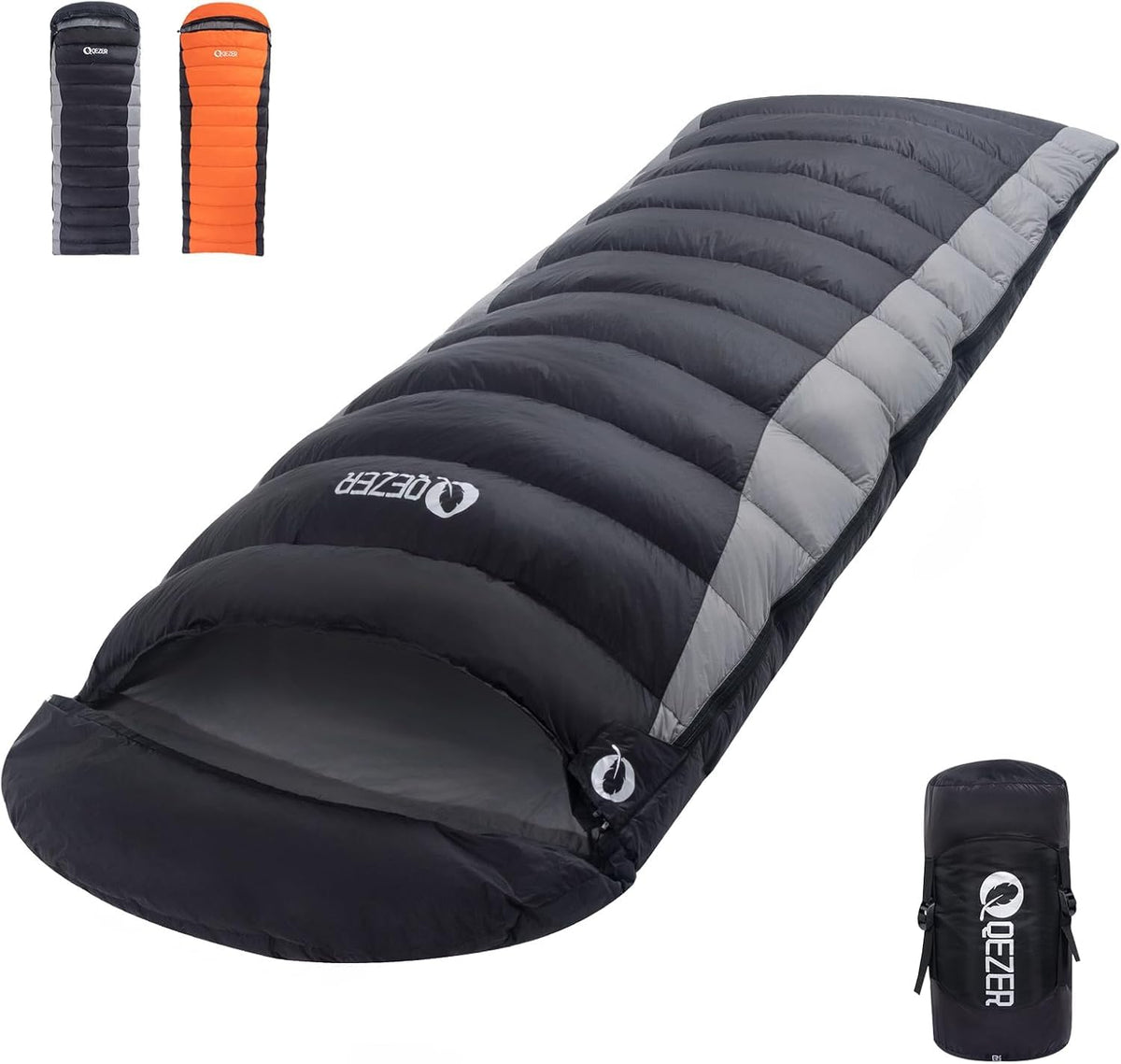 QEZER Down Sleeping Bag front-angled view shows ultralight portability for backpacking