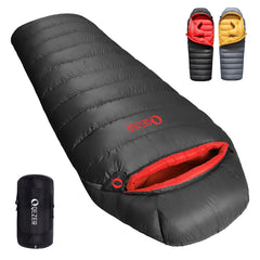 QEZER Down Sleeping Bag graphene fabric close-up showing heat retention design for cold nights.