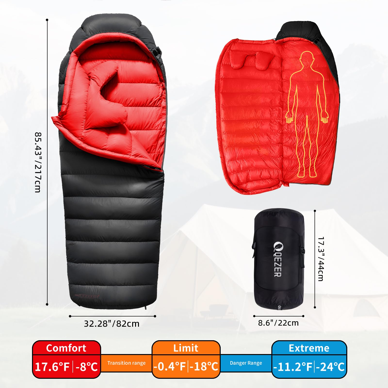 QEZER Down Sleeping Bag head area drawstring demonstrates secure warmth in drafty tents.