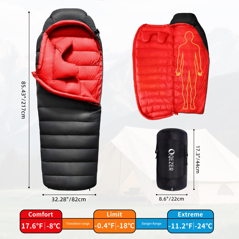 QEZER Down Sleeping Bag head area drawstring demonstrates secure warmth in drafty tents.