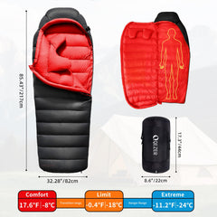 QEZER Down Sleeping Bag head area drawstring demonstrates secure warmth in drafty tents.