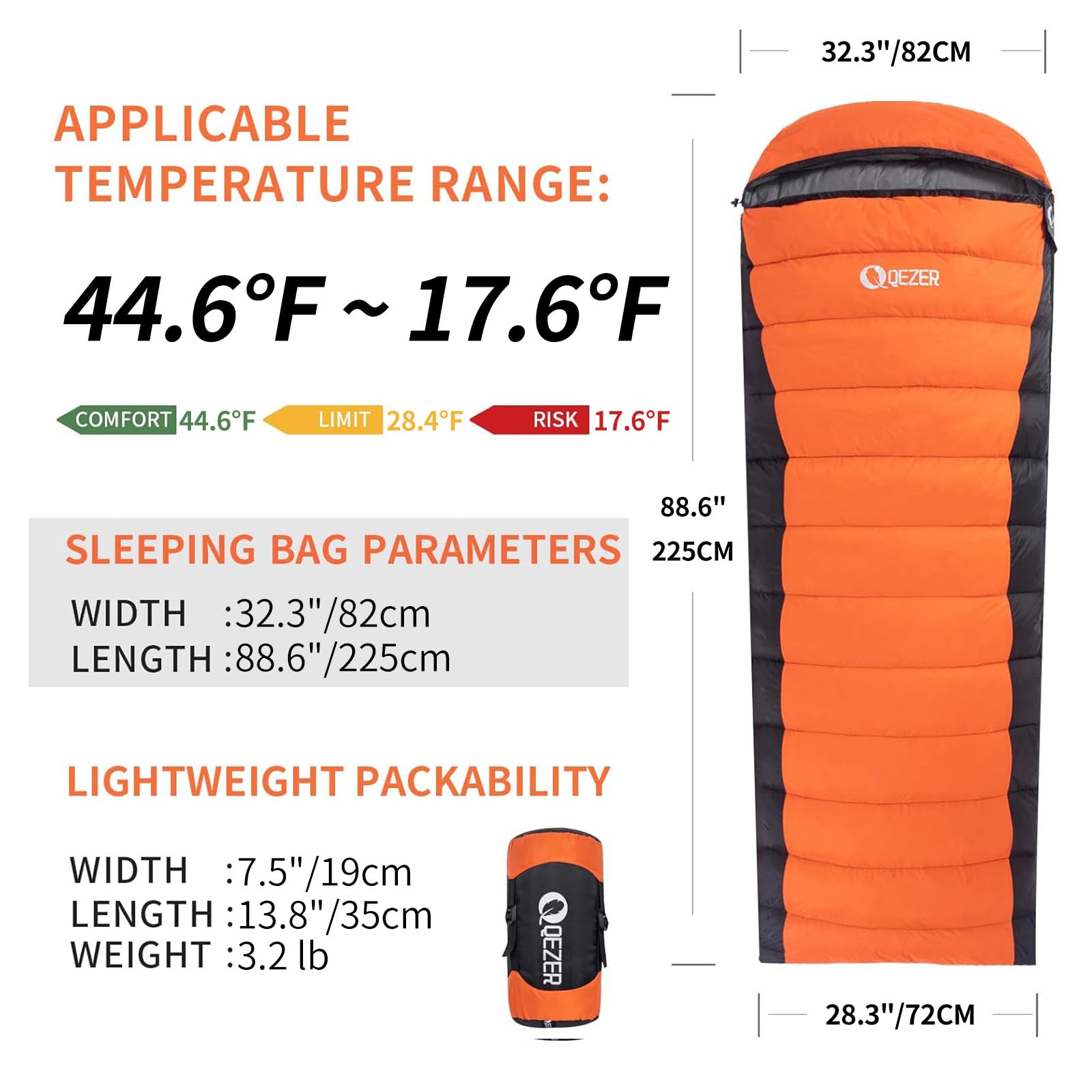 QEZER down sleeping bag in packed compression sack for travel