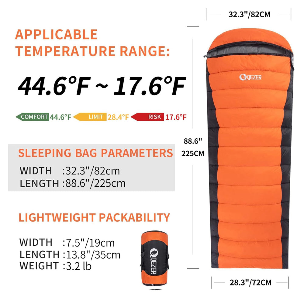 QEZER down sleeping bag in packed compression sack for travel
