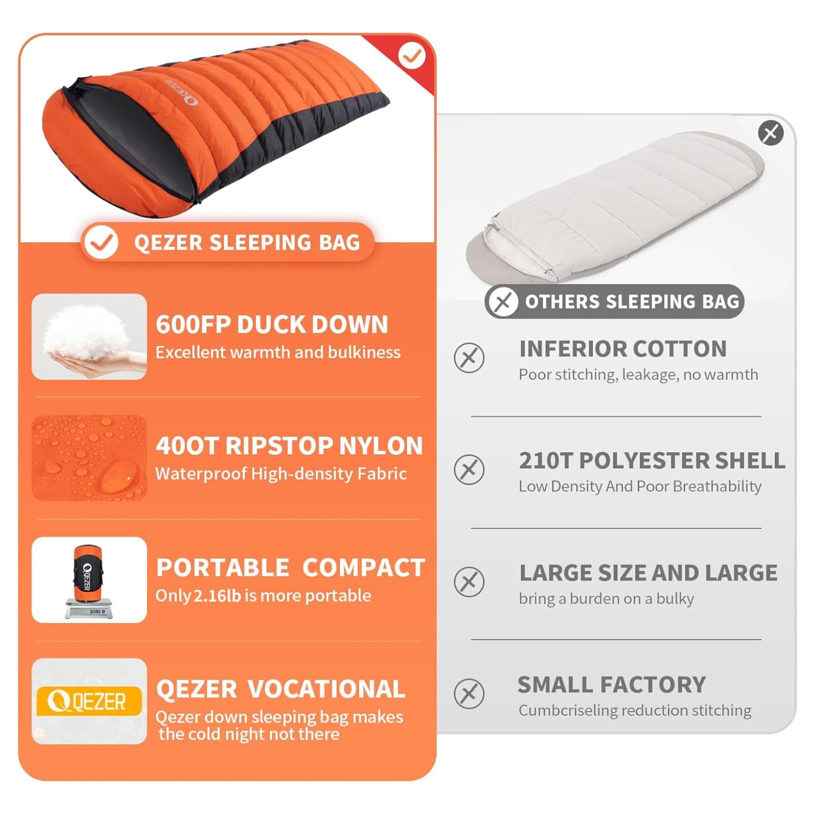 QEZER down sleeping bag interior space supports comfortable movement